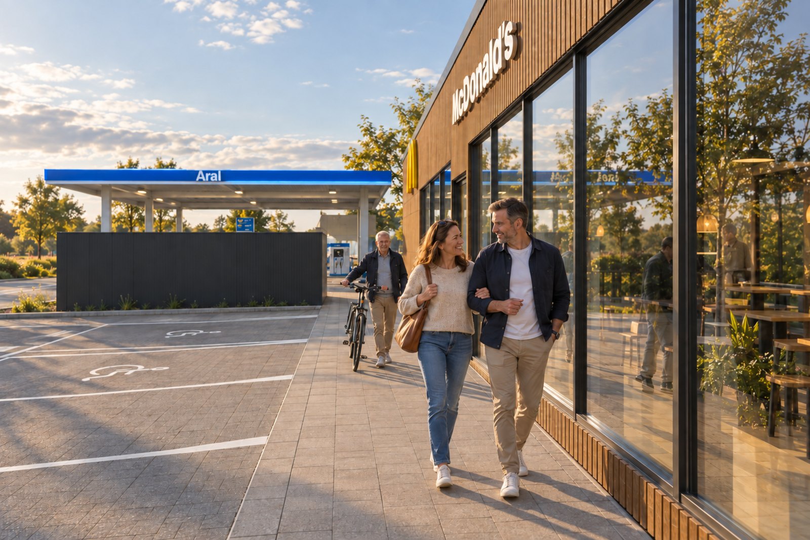 Visualisierung: zwei Menschen gehen bei Abendlicht am Hof entlang, dahinter Tankstelle und Fahrradstellplätze