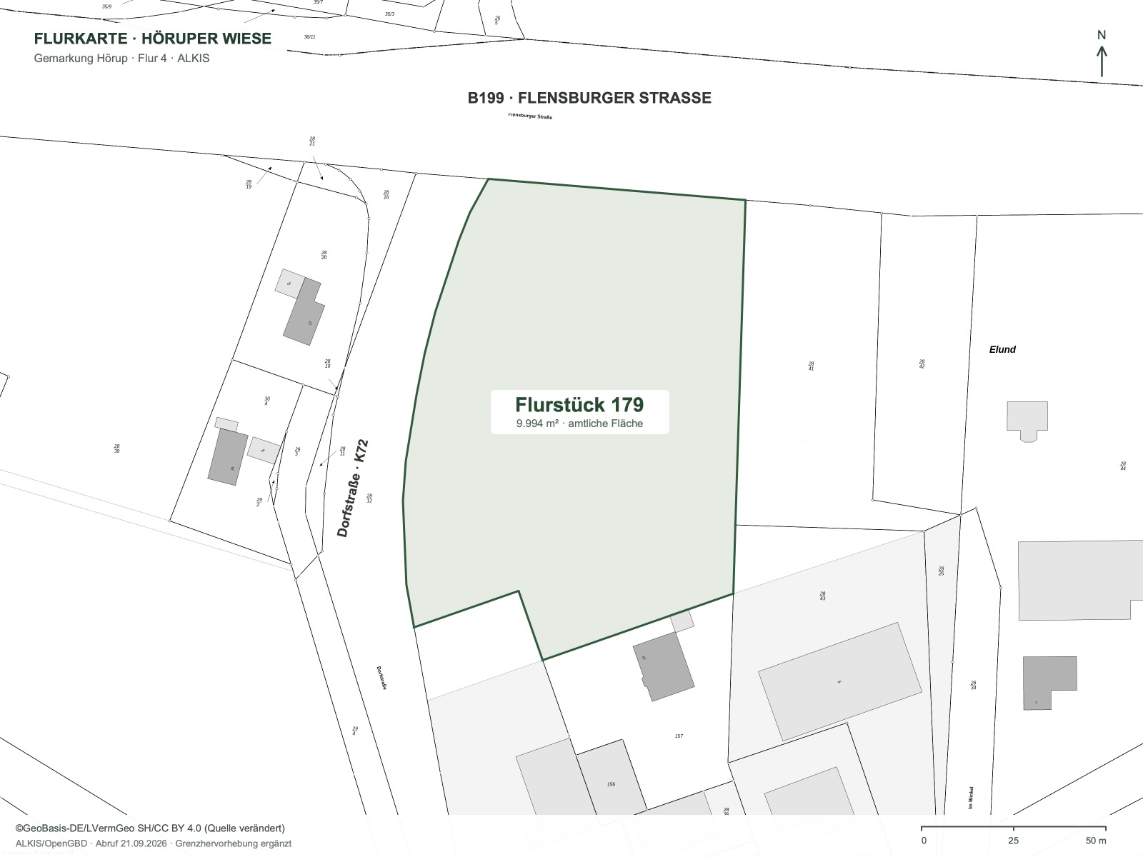 ALKIS-Flurkarte, Gemarkung Hörup, Flur 4: Flurstück 179 grün hervorgehoben, 9.994 m², mit B199/Flensburger Straße im Norden und der Dorfstraße K72 im Westen; Nachbarflurstücke neutral