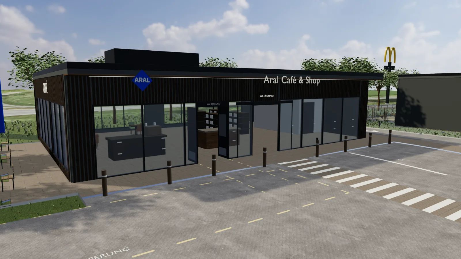 Visualisierung: Café und Shop mit Blick über das Tankfeld, Ansicht aus dem 3D-Modell